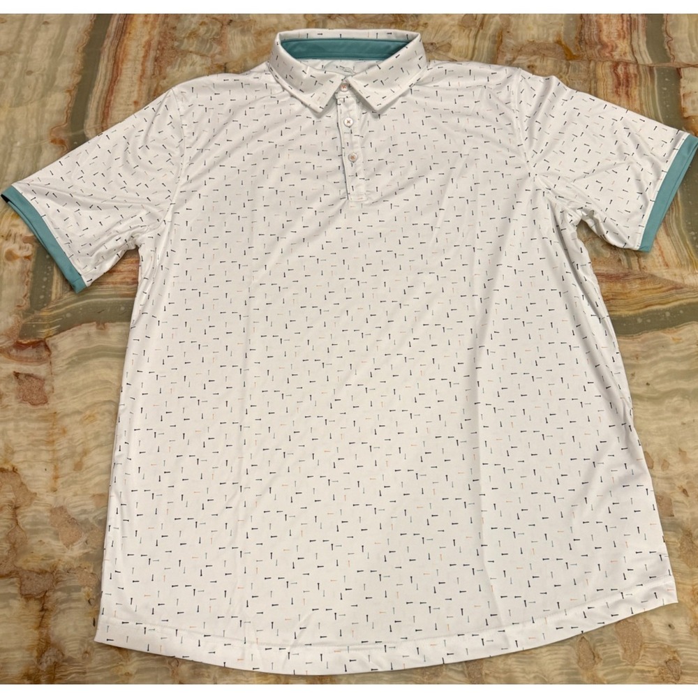 Swannies Mens Polo Shirt White All Over Print Short Sleeve Golf Performance L